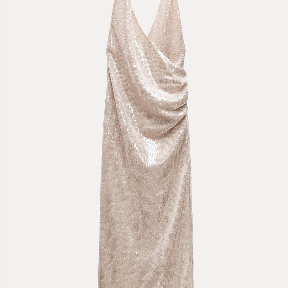 Zara Champagne Sequined Halter Dress